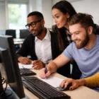 a group of computer science students working in the lab